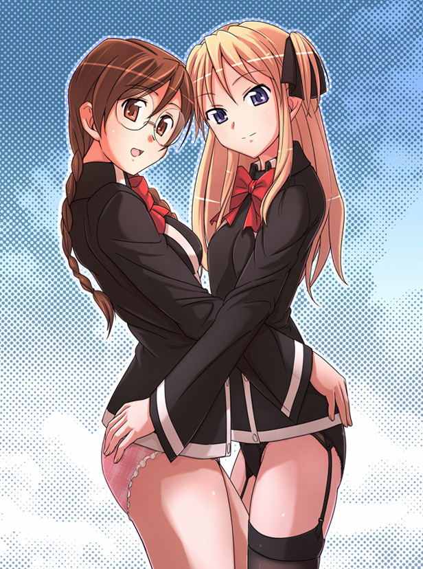 2girls blonde_hair blue_eyes braid breast_press breasts brown_eyes brown_hair clala e20 garter_straps glasses multiple_girls panties quiz_magic_academy ribbon shalon symmetrical_docking thighhighs underwear yuri