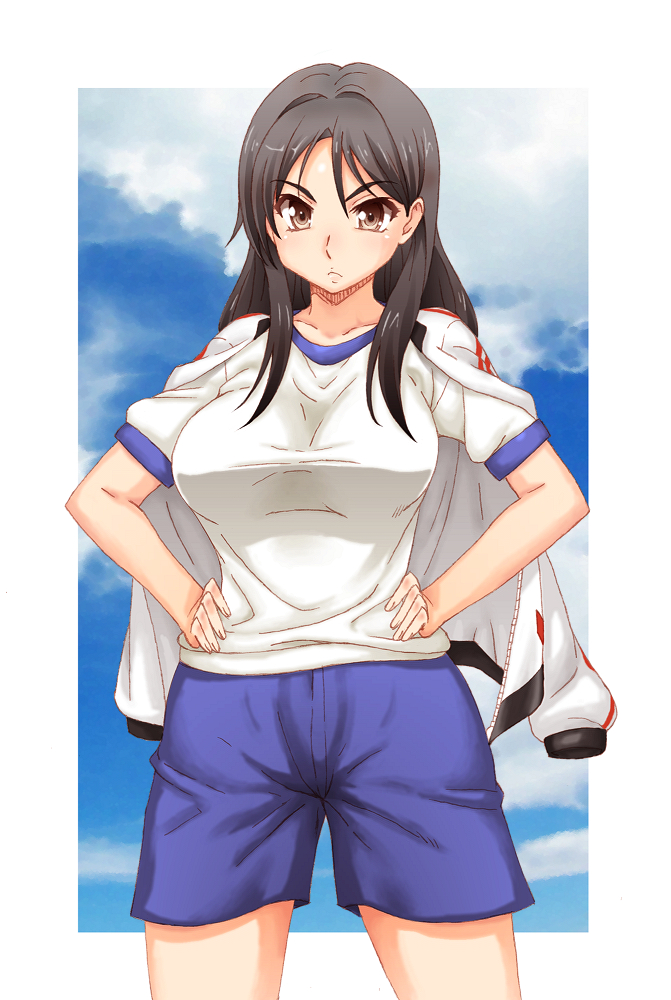 &gt;:( 1girl a_certain_high_school_gym_uniform bare_arms black_hair blue_shorts blue_sky breasts brown_eyes brownie_(n8wss1pq) closed_mouth cloud commentary cowboy_shot day fukiyose_seiri gym_shirt gym_shorts gym_uniform hands_on_own_hips jacket jacket_on_shoulders large_breasts light_blush lips long_hair long_sleeves looking_at_viewer monochrome_background no_emblem open_clothes open_jacket shirt short_shorts short_sleeves shorts sidelocks sky solo toaru_majutsu_no_index toaru_majutsu_no_index:_old_testament track_jacket v-shaped_eyebrows white_jacket white_shirt