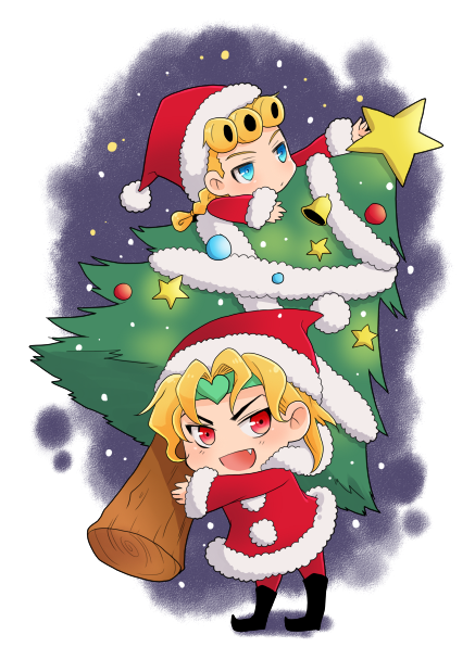 2boys blonde_hair blue_eyes chibi christmas christmas_tree dio_brando father_and_son giorno_giovanna hat jojo_no_kimyou_na_bouken multiple_boys red_eyes rishiya santa_costume santa_hat vento_aureo