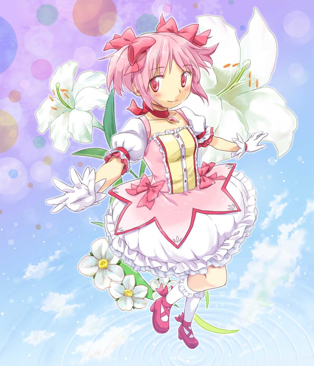 10s 1girl bow bubble_skirt d-nezumi female_focus flower gloves hair_bow kaname_madoka kaname_madoka_(magical_girl) kneehighs lily_(flower) magical_girl mahou_shoujo_madoka_magica mahou_shoujo_madoka_magica_(anime) pink_eyes pink_hair shoes short_twintails skirt socks solo twintails white_gloves white_socks