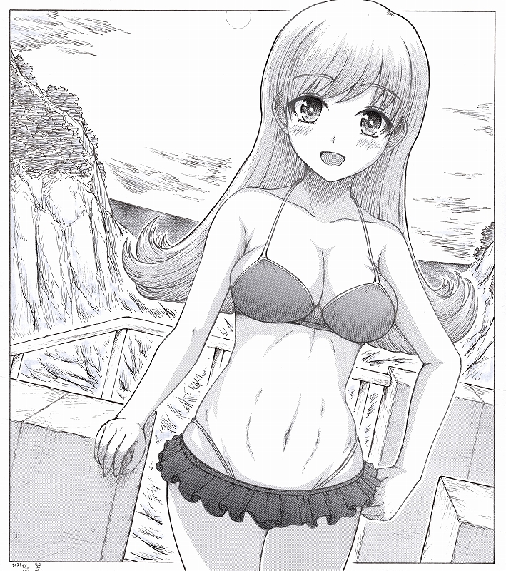 1girl alternate_costume bikini breasts cleavage cowboy_shot frilled_bikini frills greyscale h2_(h20000000) hand_on_own_hip kantai_collection large_breasts long_hair looking_at_viewer monochrome navel ooi_(kancolle) open_mouth outdoors smile solo swimsuit