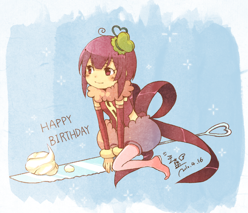 ahoge blush butter_knife daphine78805 happy_birthday hat knife lowres mini_hat mini_person minigirl original purple_hair red_eyes riding short_hair smile solo