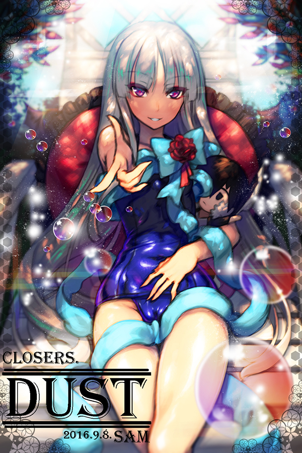 1girl blue_one-piece_swimsuit blunt_bangs bubble chair character_doll character_name closers copyright_name dated dust_(closers) ecell long_hair lounge_chair one-piece_swimsuit pillow pink_eyes school_swimsuit silver_hair sitting swimsuit very_long_hair