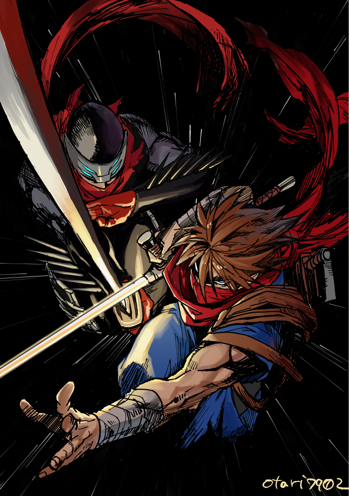 2boys black_background brown_hair capcom covered_mouth hotsuma indesign katana manly mask multiple_boys ninja project_x_zone_2 scarf sega shinobi_(game) shinobi_(ps2) signature spikes strider_(video_game) strider_hiryuu sword tonfa weapon