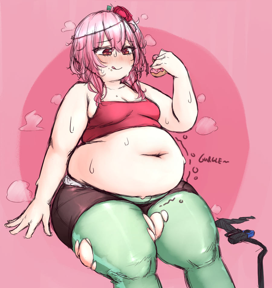 1girl belly blush breasts fat flower flower_on_head hair_ornament long_hair nijisanji nijisanji_en orristerioso pink_hair red_eyes rosemi_lovelock small_breasts smile solo sweat thick_thighs thighs tongue tongue_out torn_clothes torn_legwear virtual_youtuber