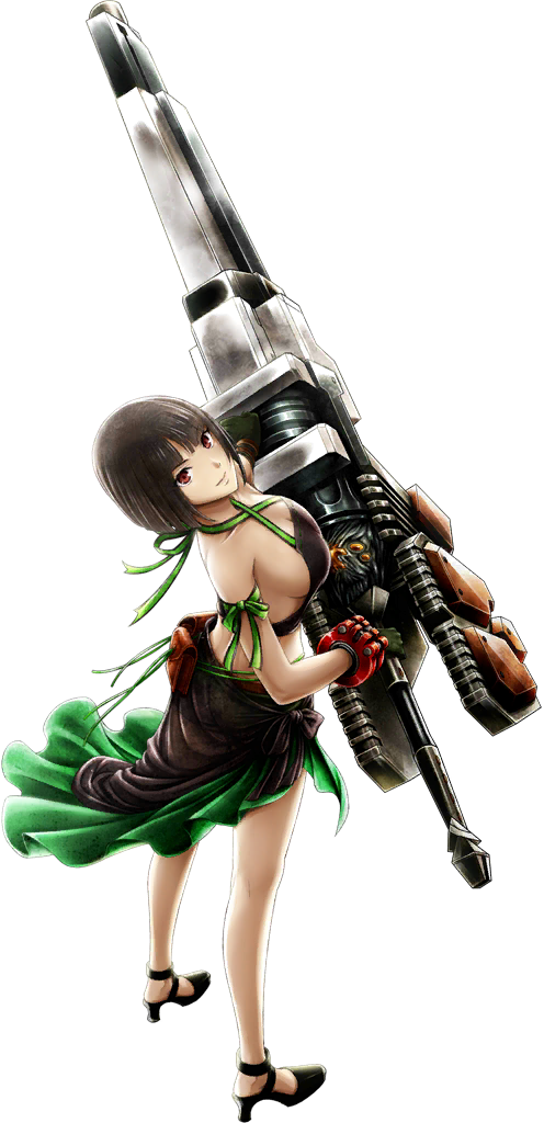 1girl bandai_namco black_hair breasts god_eater high_heels large_breasts namco official_art red_eyes sideboob solo tachibana_sakuya_(god_eater)