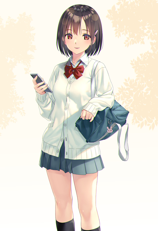 1girl bag bag_charm black_socks bow bowtie breasts brown_eyes brown_hair cardigan cellphone charm_(object) closed_mouth collared_shirt commentary_request dress_shirt grey_skirt hair_ornament hairclip holding holding_phone kneehighs koutaro long_sleeves looking_at_viewer original phone pleated_skirt red_bow revision school_bag school_uniform shirt short_hair skirt sleeves_past_wrists small_breasts smartphone smile socks solo standing twitter_username white_cardigan white_shirt