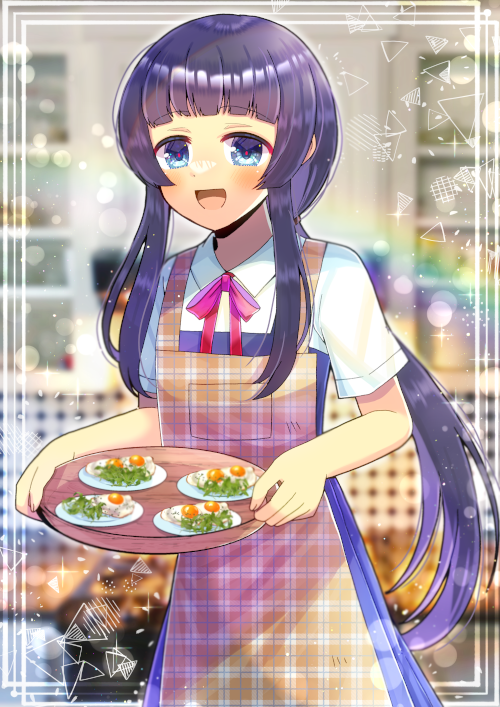 1girl :d apron black_hair blue_dress blue_eyes blurry blurry_background brown_apron collared_shirt commentary_request commission depth_of_field dress dress_shirt fried_egg holding holding_tray kou_hiyoyo long_hair low_ponytail neck_ribbon open_mouth original plaid_apron plaid_clothes plate pleated_dress ponytail red_ribbon ribbon shirt short_sleeves sidelocks skeb_commission sleeveless sleeveless_dress smile solo tray very_long_hair white_shirt