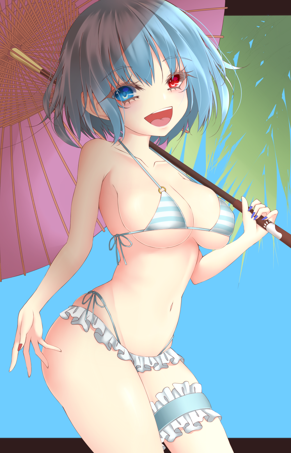 1girl bikini bikini_skirt blue_eyes blue_hair breasts cleavage dai_zu_san frilled_bikini frills heterochromia highres holding holding_umbrella large_breasts nail_polish navel open_mouth red_eyes red_nails short_hair solo swimsuit tatara_kogasa touhou umbrella