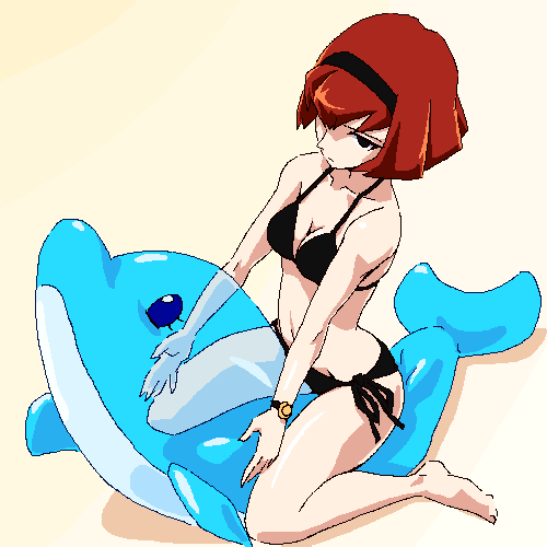 1girl aliasing android beach bikini black_bikini bob_cut breasts cleavage dolphin female_focus hairband inflatable_dolphin inflatable_toy lowres r_dorothy_wayneright red_hair robot see-through_clothes side-tie_bikini_bottom simple_background solo straddling swimsuit the_big_o watch wristwatch