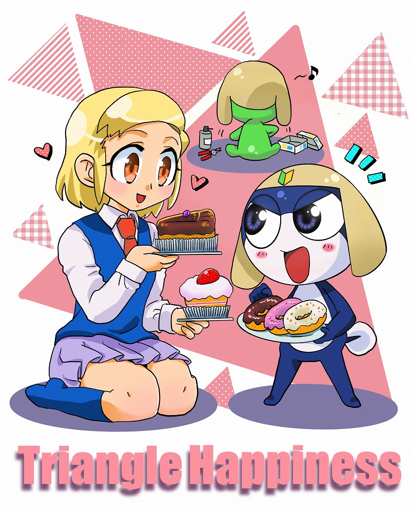 1girl 2boys angol_mois blonde_hair cake dark_skin doughnut food gyaru hair_ornament hairclip heart keroro keroro_gunsou multiple_boys school_uniform tamama