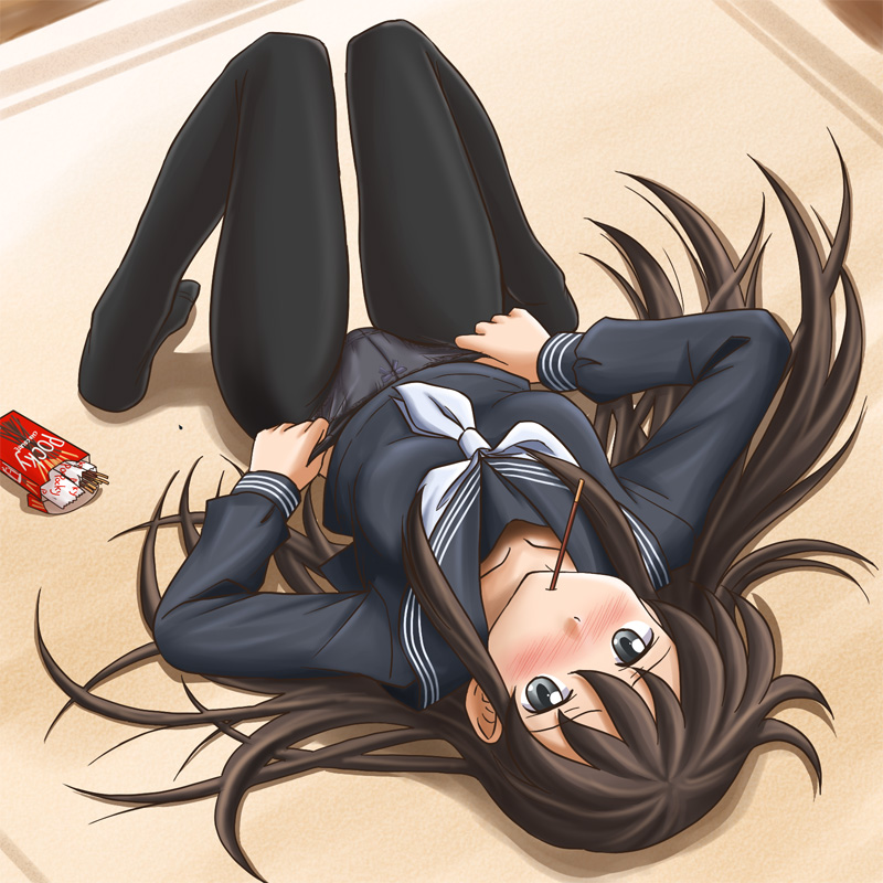 1girl black_eyes black_pantyhose brown_hair clothes_pull crotch_seam embarrassed feet female_focus food lielos long_hair lying mouth_hold no_pants on_back original panties panties_under_pantyhose pantyhose pantyhose_pull pocky school_uniform sera_haruna serafuku solo underwear undressing