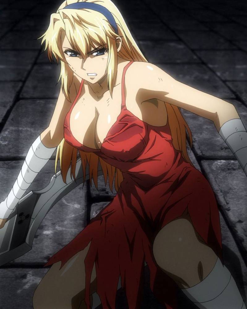 1girl angry anime_screenshot bandages blonde_hair blue_eyes breasts cleavage dress freezing_(series) headband red_dress satellizer_el_bridget stitched third-party_edit weapon