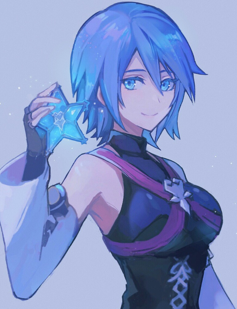 1girl aqua_(kingdom_hearts) bare_shoulders black_gloves blue_eyes blue_hair breasts closed_mouth commentary_request detached_sleeves fingerless_gloves gloves grey_background hair_between_eyes holding kingdom_hearts kingdom_hearts_birth_by_sleep looking_at_viewer medium_breasts miichinori short_hair simple_background smile solo white_sleeves