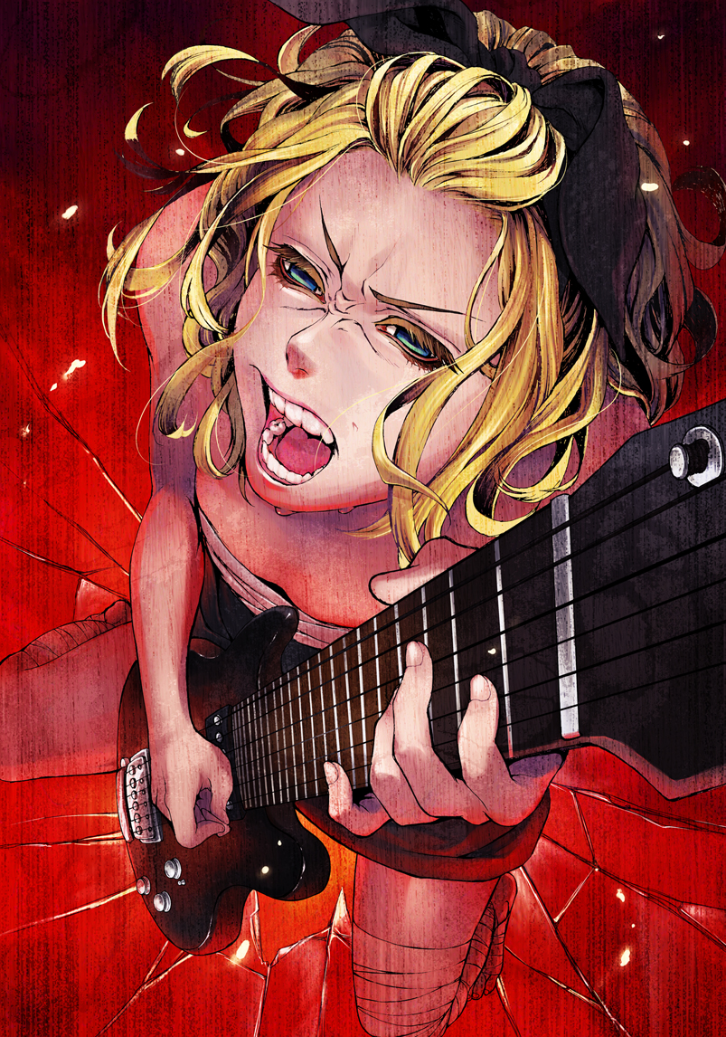 1girl bad_id bad_pixiv_id bangs_pinned_back blonde_hair blue_eyes electric_guitar female_focus guitar hachiohji-yoichi hair_ribbon instrument kagamine_rin open_mouth ribbon sarashi short_hair solo sweat tengaku_(vocaloid) v-shaped_eyebrows vocaloid