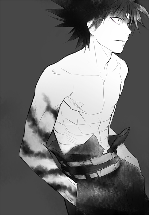 1boy bad_id bad_pixiv_id black_hair greyscale hiei kiosque male_focus monochrome sarashi short_hair solo spiked_hair tattoo third_eye topless_male yuu_yuu_hakusho