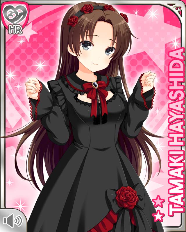 1girl black_dress bow brown_hair character_name closed_mouth dress girlfriend_(kari) gothic_lolita grey_eyes hayashida_tamaki lolita_fashion long_hair looking_at_viewer official_art pink_background qp:flapper red_bow smile tagme