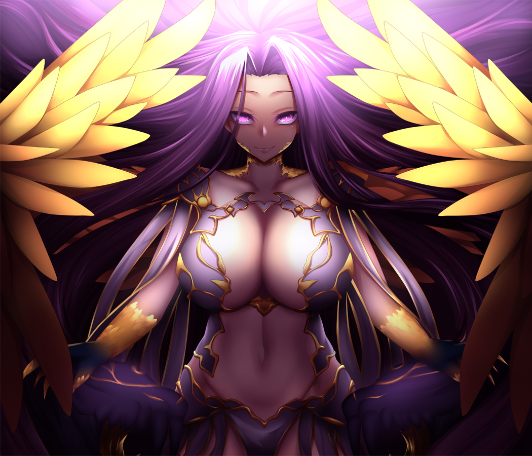 1girl breasts cleavage fate/grand_order fate_(series) female_focus fi-san gorgon_(fate) gorgon_(third_ascension)_(fate) large_breasts long_hair looking_at_viewer medusa_(fate) medusa_(rider)_(fate) navel purple_eyes purple_hair rider scales smile solo very_long_hair wings