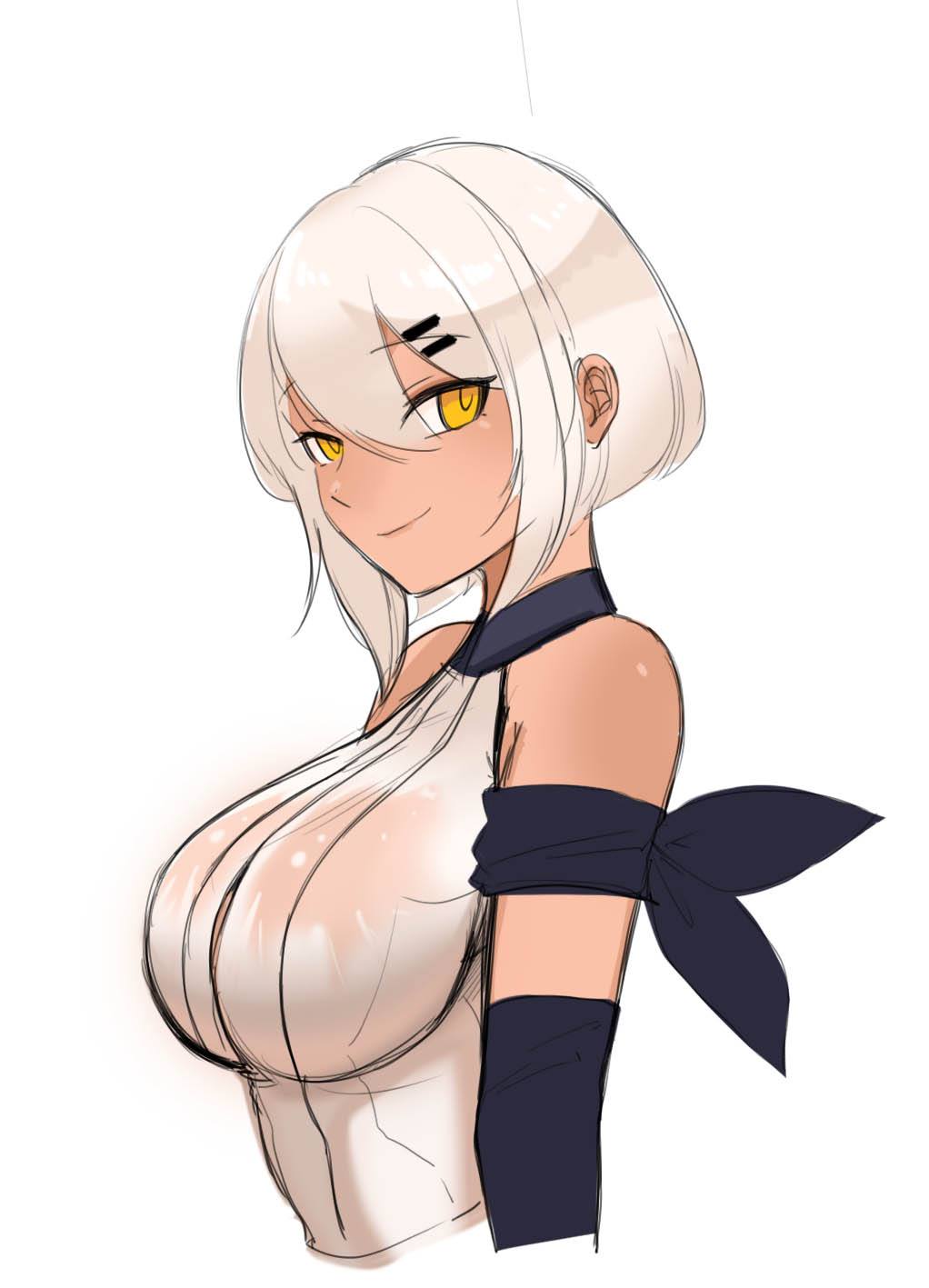 1girl bare_shoulders bob_cut breasts dark-skinned_female dark_skin from_side girls&#039;_frontline hair_ornament hairclip highres large_breasts long_hair looking_at_viewer m590_(girls&#039;_frontline) platinum_blonde_hair rox see-through_clothes short_hair simple_background smile solo white_background yellow_eyes