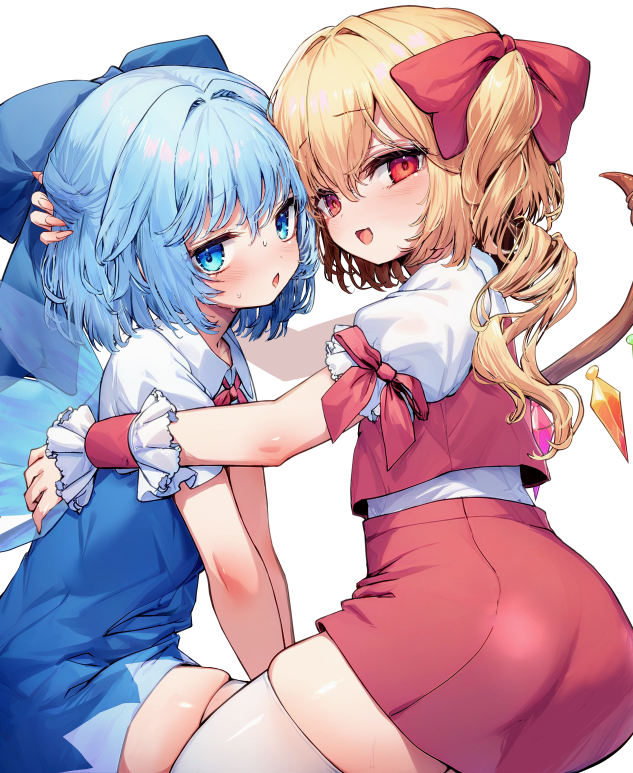 2girls blonde_hair blue_bow blue_dress blue_eyes blue_hair blush bow cirno collared_shirt crystal dot_nose dress flandre_scarlet frilled_shirt frills hair_bow hair_intakes hug ice ice_wings long_hair looking_at_viewer mikan_(manmarumikan) multiple_girls neckerchief no_headwear one_side_up open_mouth puffy_sleeves red_bow red_eyes red_neckerchief red_ribbon red_skirt red_vest ribbon shirt short_hair short_sleeves simple_background sitting skindentation skirt sweat thighhighs touhou vest white_background white_thighhighs wings yuri zettai_ryouiki