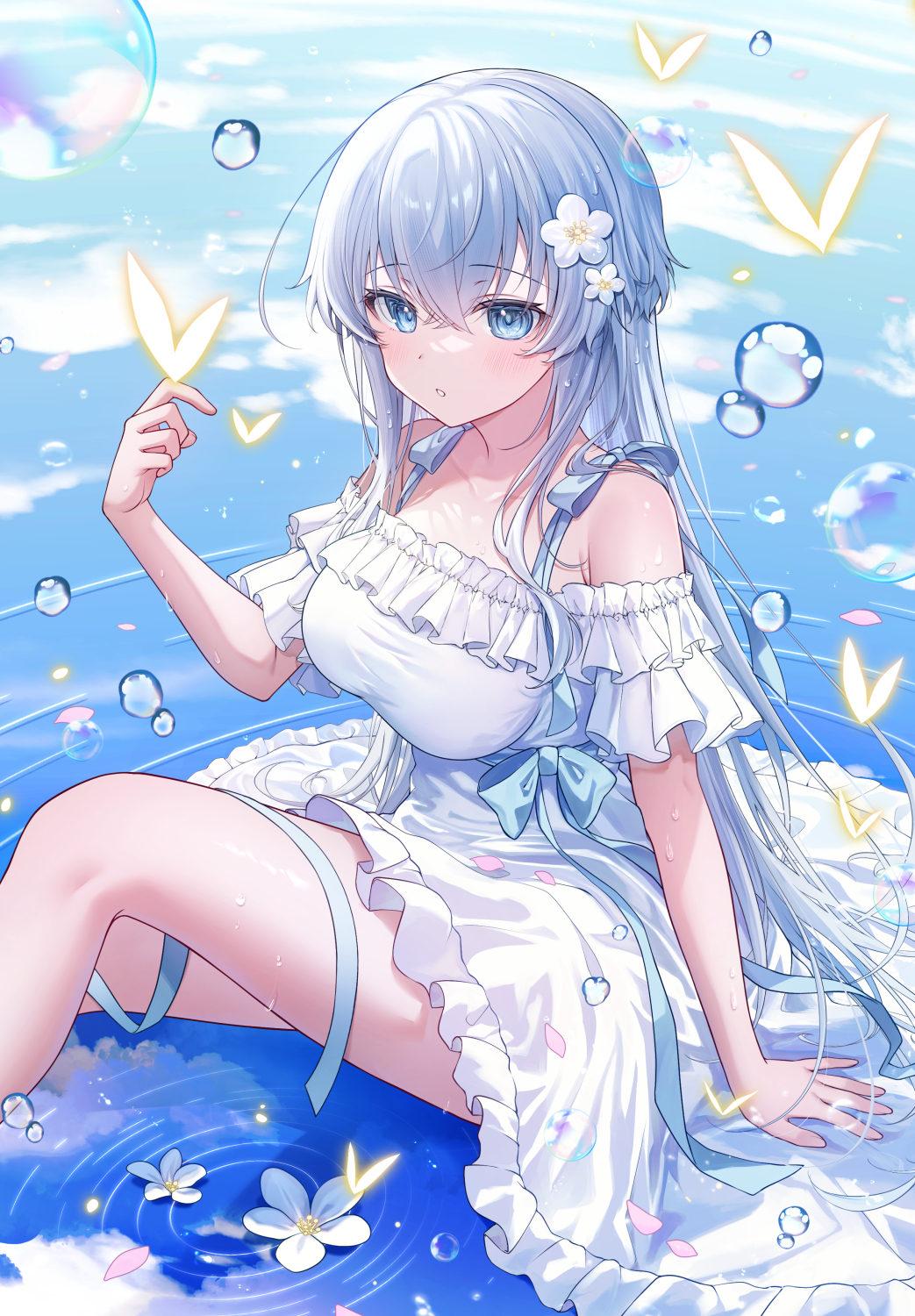 1girl animal arm_support bare_shoulders blue_bow blue_eyes bow breasts bug butterfly commentary_request dress feet_out_of_frame flower frilled_dress frills grey_hair gyozanuko hair_between_eyes hand_up highres insect knee_up long_hair medium_breasts off-shoulder_dress off_shoulder original parted_lips ripples solo very_long_hair water white_dress white_flower