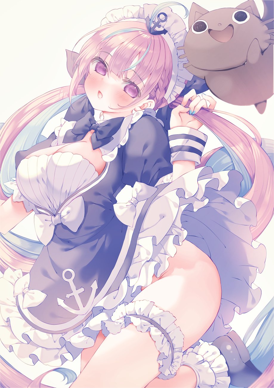 ahoge highres hololive long_hair looking_at_viewer maid maid_headdress minato_aqua minato_aqua_(1st_costume) moo_(umineko) multicolored_hair neck_ribbon neko_(minato_aqua) pink_eyes pink_hair ribbon two-tone_hair very_long_hair virtual_youtuber