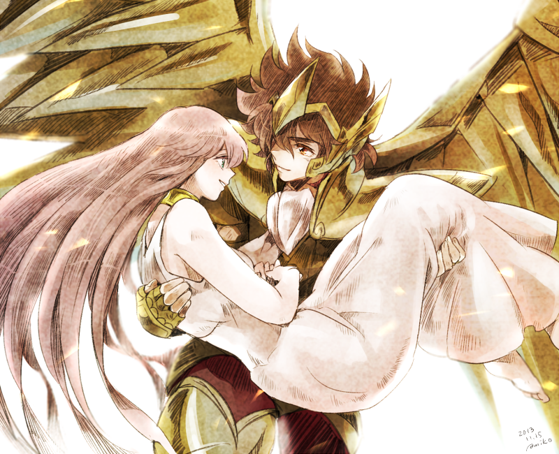 10s 1boy 1girl 2013 amiko armor artist_name bad_id bad_pixiv_id barefoot brown_hair carrying choker couple dated dress gold_armor green_eyes kido_saori long_hair orange_eyes pegasus_seiya pink_hair princess_carry saint_seiya saint_seiya_omega short_hair smile white_dress