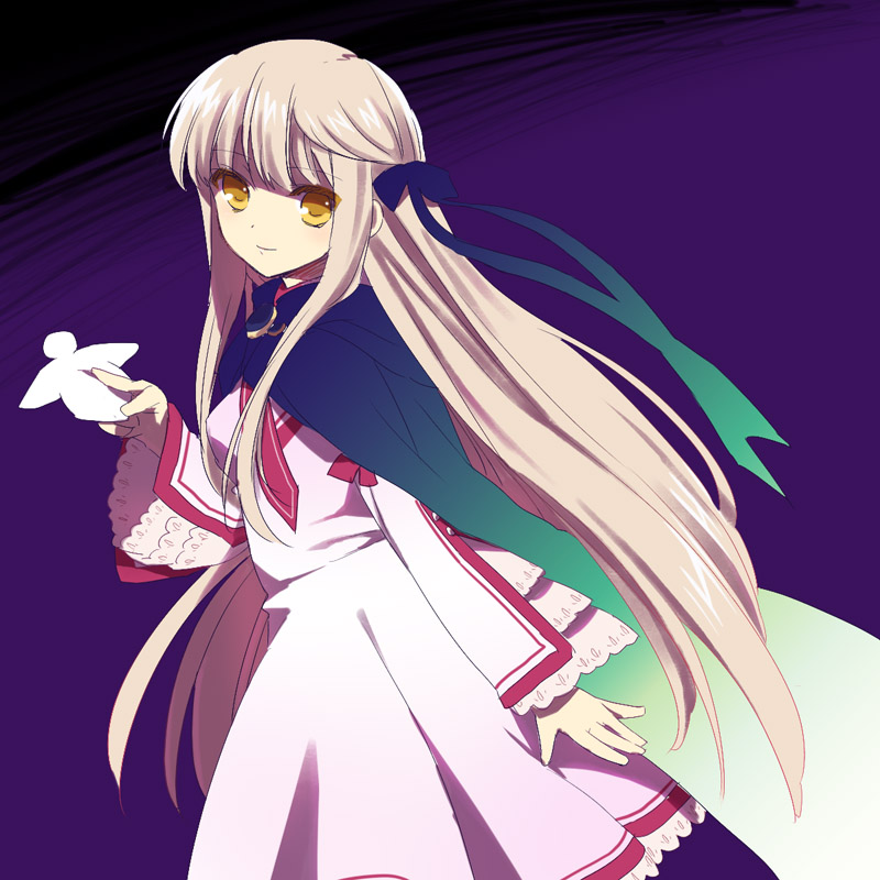 10s 1girl blue_ribbon dress female_focus from_side fuyuichi hair_ribbon holding long_hair looking_at_viewer purple_background rewrite ribbon senri_akane silver_hair smile solo very_long_hair white_dress yellow_eyes