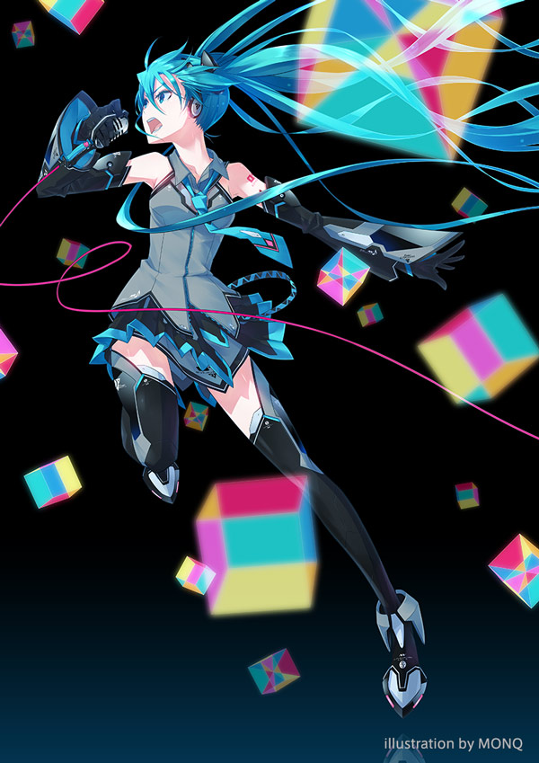 1girl aqua_eyes aqua_hair aqua_necktie black_background black_gloves black_skirt boots collared_shirt detached_sleeves figure_available floating_hair floating_neckwear full_body gloves grey_shirt hatsune_miku headphones holding holding_microphone leg_up long_hair magical_mirai_(vocaloid) magical_mirai_miku magical_mirai_miku_(2014) merchandise_available microphone monq music necktie official_art open_mouth pleated_skirt reflection second-party_source shirt simple_background singing skirt sleeveless sleeveless_shirt solo thigh_boots twintails very_long_hair vocaloid