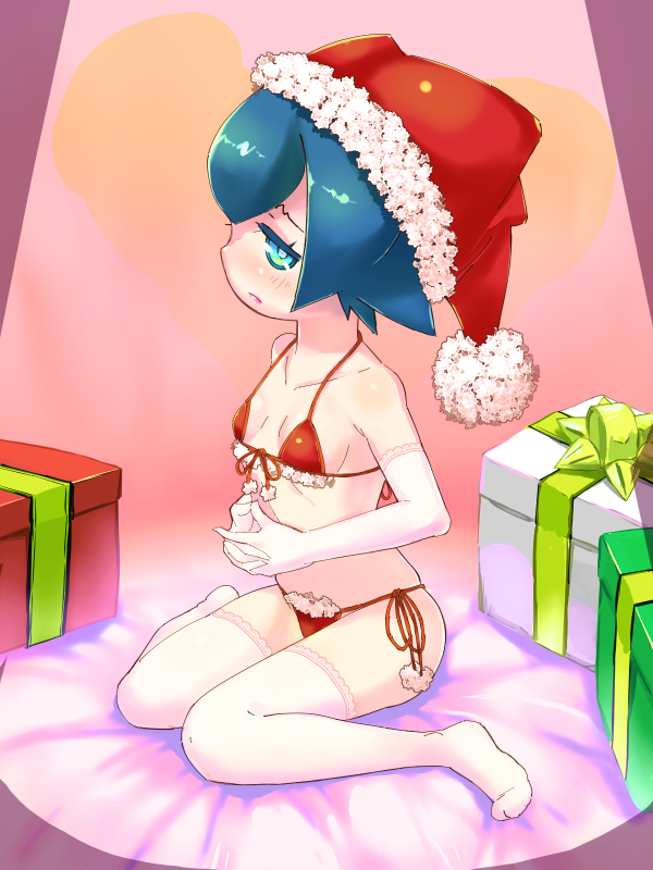 1girl 2016 alternate_costume artist_request blue_eyes blue_hair blush box bra christmas creatures_(company) elbow_gloves fingers_interlaced fingers_together frown game_freak gift gift_box gloves hat kneeling lana_(pokemon) lipstick makeup nintendo panties pink_lips pokemon pokemon_sm santa_hat side-tie_panties solo thighhighs underwear