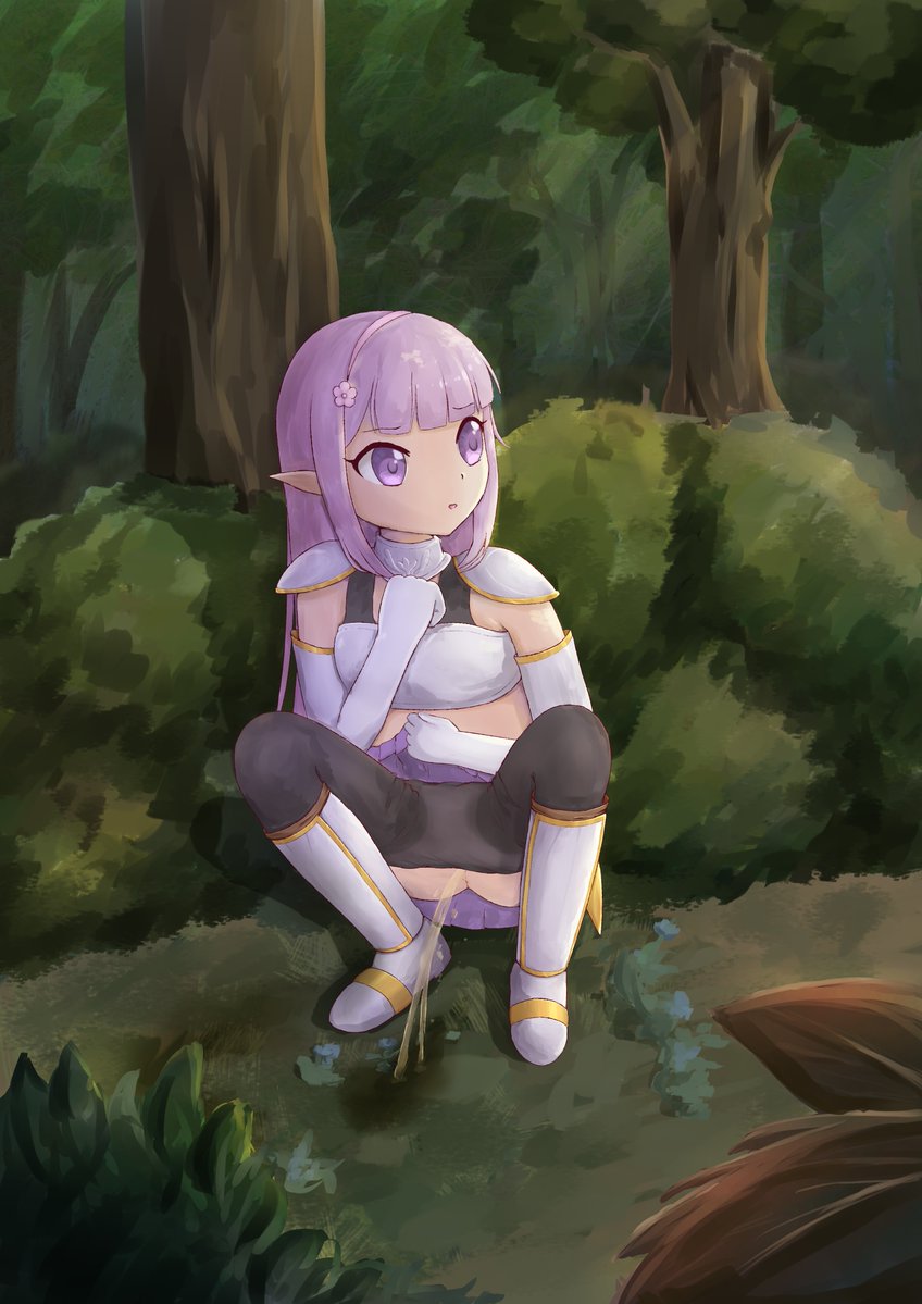 1girl armor bush clothes_lift clothes_pull elnowar_seylan endro! kohakurumi lifting_own_clothes open_mouth outdoors pantyhose pantyhose_pull peeing pointy_ears purple_eyes purple_hair skirt skirt_lift solo squatting