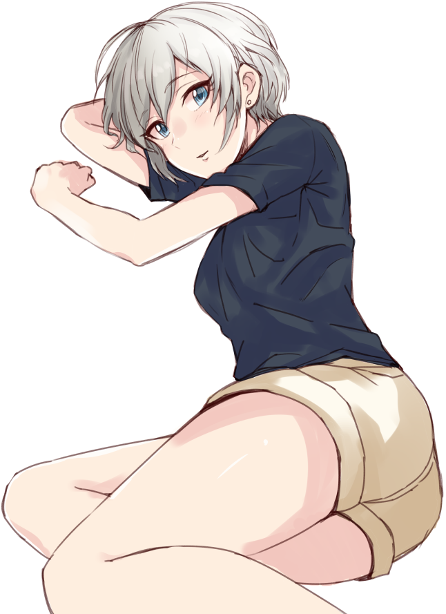 1girl anastasia_(idolmaster) blue_eyes blue_shirt earrings eyelashes female_focus hair_between_eyes hip_focus idolmaster idolmaster_cinderella_girls jewelry keikesu lying on_side shirt shorts silver_hair simple_background solo t-shirt thighs white_background