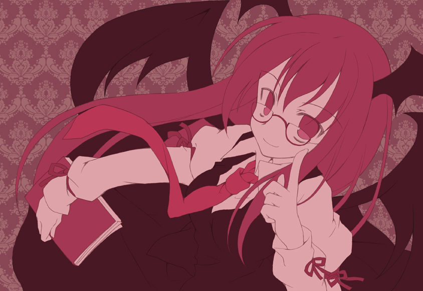 1girl bat_wings bespectacled book embodiment_of_scarlet_devil female_focus glasses head_wings kiseki koakuma long_hair mizuse_kiseki monochrome necktie red_theme solo touhou wings