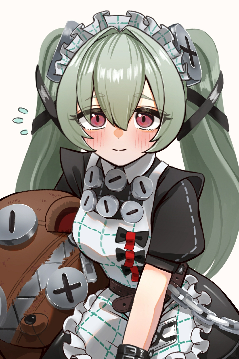 1girl alternate_eye_color animal_bag apron bear_bag black_dress blush chain commentary_request corin_wickes dress flying_sweatdrops green_hair hair_between_eyes highres long_hair looking_at_viewer maid maid_headdress puffy_short_sleeves puffy_sleeves red_eyes screw_hair_ornament short_sleeves simple_background smile solo spiral1999jobs twintails white_apron white_background zenless_zone_zero