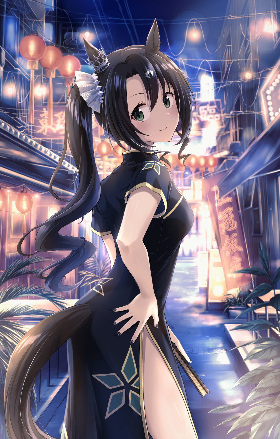 1girl animal_ears ass black_hair breasts china_dress chinese_clothes closed_mouth commentary_request dress green_eyes hair_between_eyes highres hong_kong horse_ears horse_girl lantern looking_at_viewer looking_back medium_breasts murasaki_himuro night night_sky paper_lantern satono_crown_(umamusume) side_ponytail sky solo umamusume