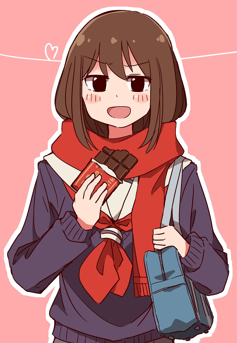 1girl bag black_eyes black_shirt blue_bag blush brown_hair candy chocolate chocolate_bar food heart highres holding holding_chocolate holding_food looking_at_viewer mitsuyanabe_(carp_sandaime) neckerchief open_mouth original outline red_neckerchief red_scarf sailor_collar scarf school_bag shirt shoulder_bag solo white_outline white_sailor_collar