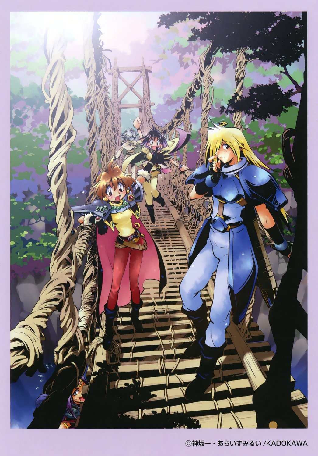 2boys 2girls amelia_wil_tesla_seyruun araizumi_rui arm_up armor black_hair blonde_hair blue_eyes blue_hair blue_skin bridge cape choker colored_skin copyright_name drill_hair earrings fingerless_gloves flying_sweatdrops forest full_body gloves gourry_gabriev green_hair hair_over_one_eye headband highres jewelry jumping kadokawa lina_inverse long_hair looking_at_another multiple_boys multiple_girls nature non-web_source official_art open_mouth outdoors pauldrons pink_choker pointy_ears purple_eyes purple_hair red_eyes red_hair salute sheath sheathed short_hair shoulder_armor slayers smile sunlight sweatdrop title wristband zelgadiss_graywords