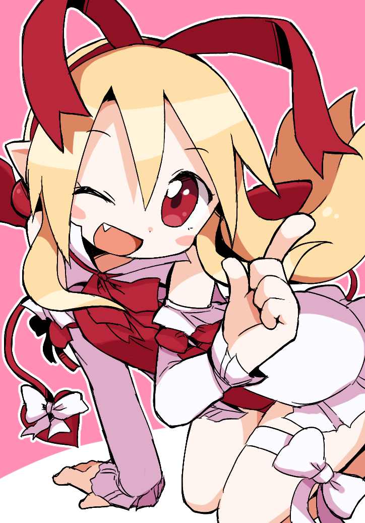 1girl arm_support blonde_hair blush_stickers bow demon_tail disgaea dokan_(dkn) fang flonne flonne_(fallen_angel) long_hair long_sleeves looking_at_viewer makai_senki_disgaea one_eye_closed open_mouth outline pointy_ears red_eyes red_ribbon ribbon solo tail white_bow white_outline