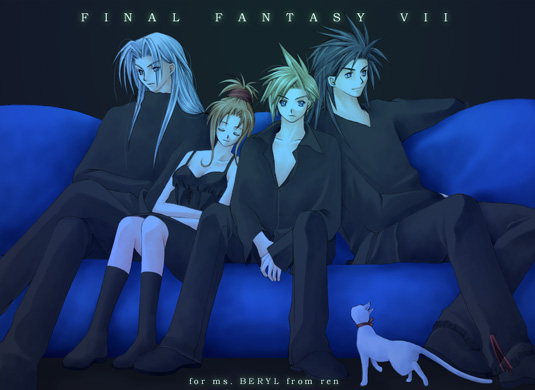 1girl 3boys aerith_gainsborough alternate_costume arm_up bad_id black_background black_dress black_hair black_shirt black_socks blonde_hair blue_eyes blue_light brown_hair casual cat closed_eyes cloud_strife commentary_request copyright_name couch crossed_arms crossed_legs dress expressionless final_fantasy final_fantasy_vii full_body gift_art grey_hair high_ponytail light_smile long_hair long_sleeves looking_at_viewer multiple_boys neck_ribbon on_couch parted_bangs partially_unbuttoned ponytail red_ribbon rendezvous ribbon sephiroth shirt short_hair sitting socks spaghetti_strap spiked_hair spread_legs turtleneck turtleneck_shirt zack_fair