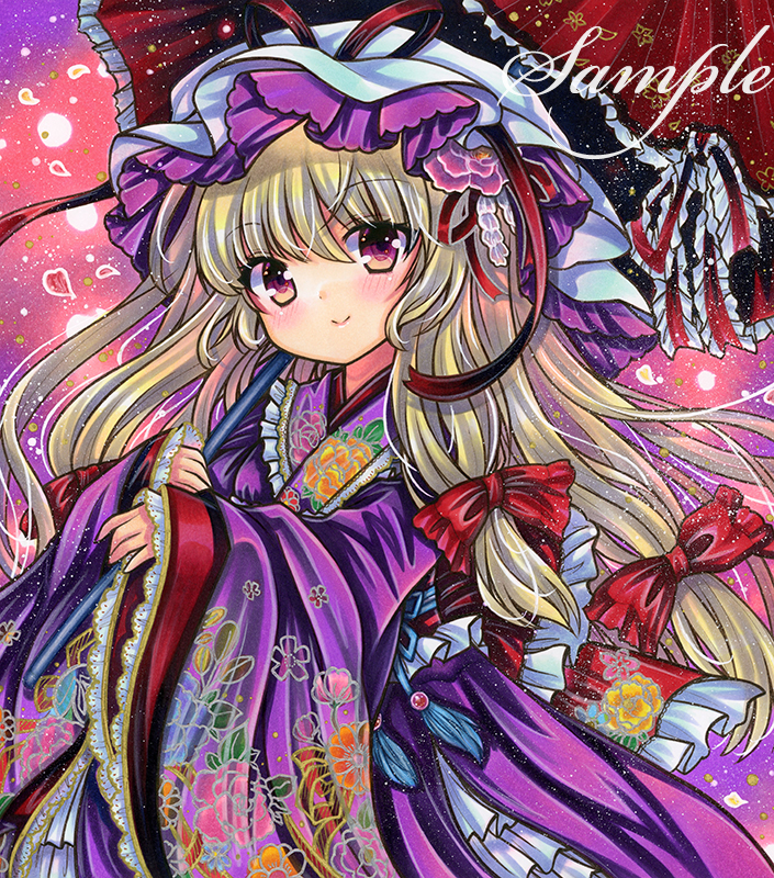 1girl blonde_hair blush bow cherry_blossom_print commentary_request cowboy_shot dot_nose dress floral_print flower frilled_kimono frilled_sash frilled_umbrella frills hair_between_eyes hair_bow hair_flower hair_ornament hair_ribbon hat hat_ribbon holding holding_umbrella japanese_clothes kanzashi kimono lace lace-trimmed_kimono lace_trim long_hair long_sleeves looking_at_viewer marker_(medium) mob_cap obi partial_commentary petals print_kimono print_sash purple_background purple_dress purple_eyes purple_flower purple_hat purple_kimono red_bow red_ribbon red_sash red_umbrella ribbon rose_print rui_(sugar3) sample_watermark sash sleeves_past_wrists smile solo standing tassel touhou traditional_media two-tone_headwear umbrella very_long_hair watermark white_hat wide_sleeves yakumo_yukari