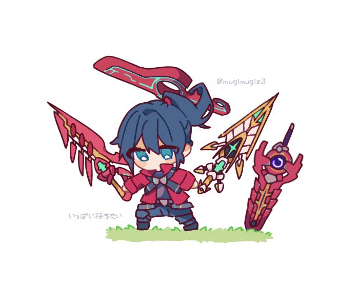 1boy aegis_sword_(xenoblade) blush chibi grass monado mugimugis noah_(xenoblade) ponytail prehensile_hair simple_background solo sword triple_wielding veiled_sword_(xenoblade) weapon white_background xenoblade_chronicles_(series) xenoblade_chronicles_3