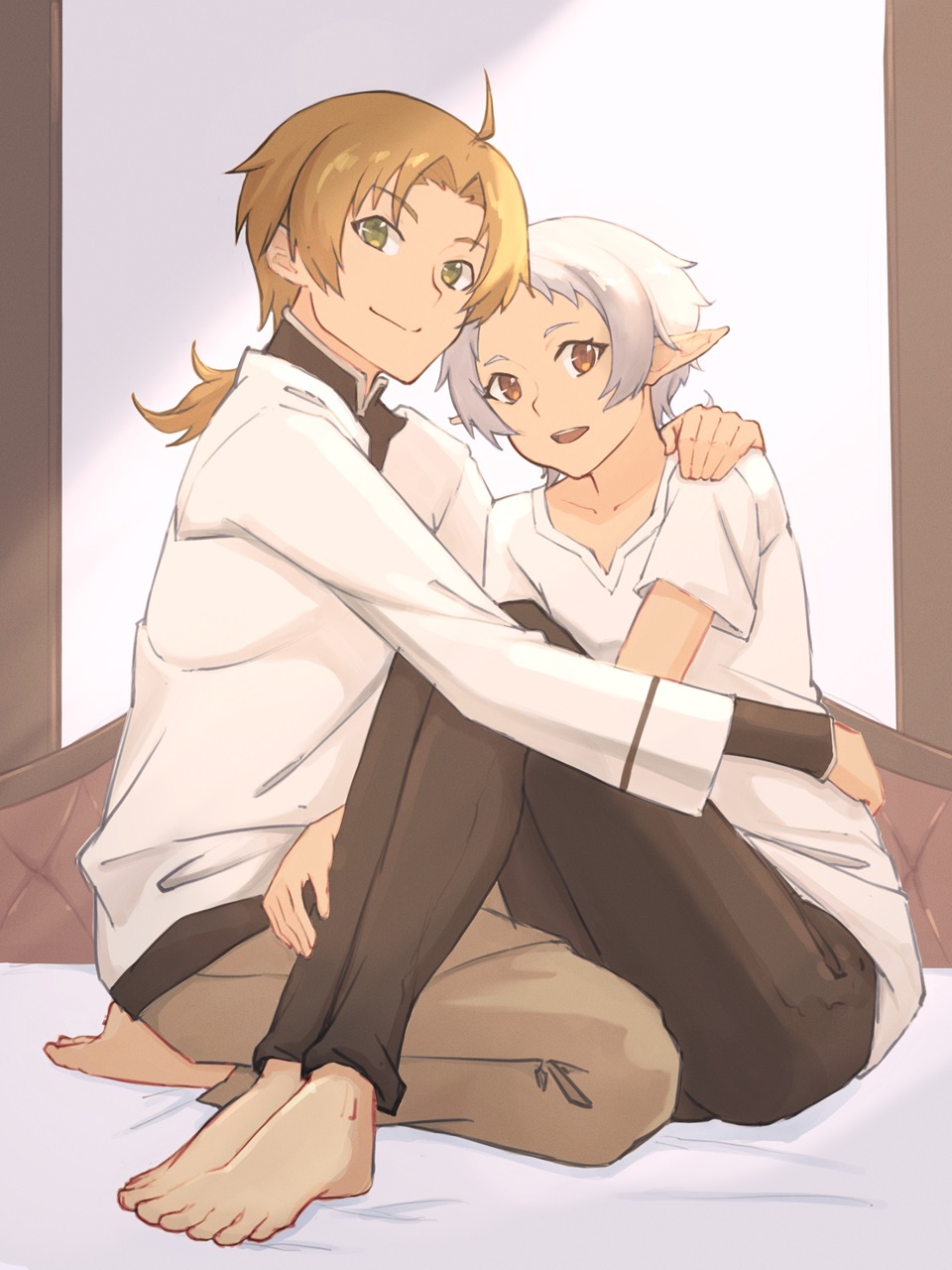 1boy 1girl bed blonde_hair brown_pants couple elf green_eyes hetero highres hug kurogoma183 looking_at_viewer mushoku_tensei on_bed pants parted_bangs pointy_ears ponytail red_eyes rudeus_greyrat shirt short_hair sitting sylphiette_(mushoku_tensei) white_hair white_shirt