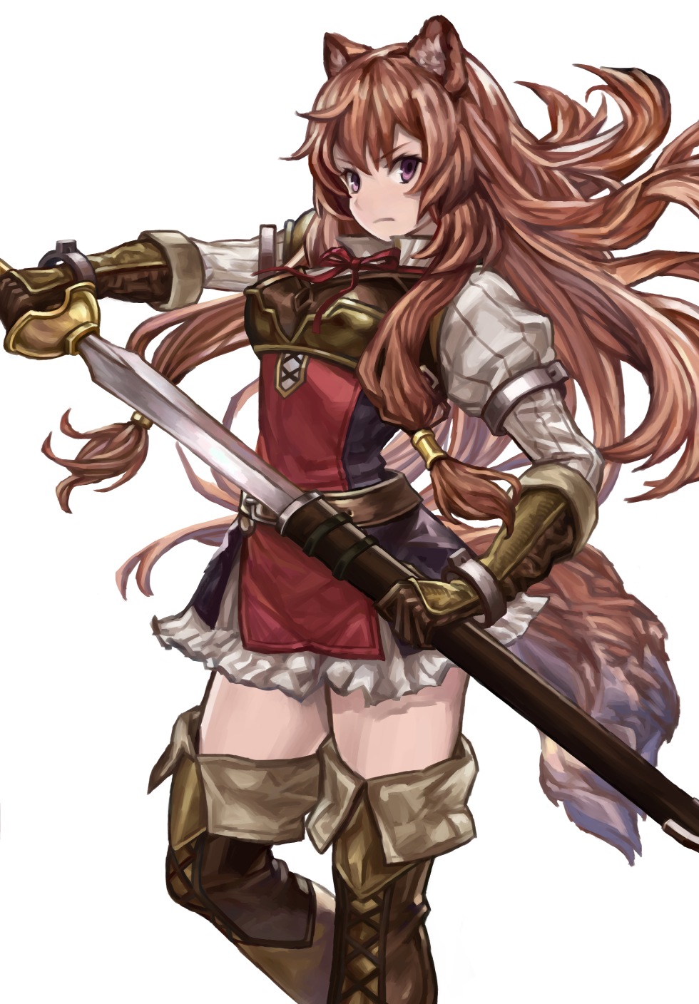 1girl animal_ears armor boobplate boots bow breastplate brown_hair cross-laced_footwear drawing_sword dress floating_hair foot_out_of_frame frown gauntlets hair_tubes highres holding holding_sword holding_weapon juliet_sleeves lace-up_boots long_hair long_sleeves looking_at_viewer low-tied_sidelocks puffy_sleeves purple_eyes raccoon_ears raccoon_girl raccoon_tail raphtalia red_bow red_dress red_ribbon ribbon short_dress sideways_glance simple_background sword tail tate_no_yuusha_no_nariagari thigh_boots thighhighs weapon white_background yoyoyoyoyo_(turuse) zettai_ryouiki