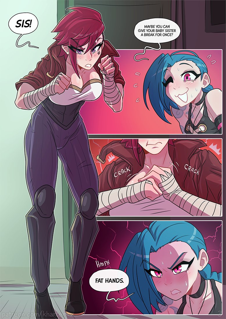 2girls :3 :d asymmetrical_bangs blush breasts cleavage collarbone english_text green_hair jacket jewelry jinx_(league_of_legends) khartemis large_breasts league_of_legends multiple_girls necklace open_mouth pants pink_eyes purple_pants red_hair red_jacket shoes short_hair siblings sisters smile speech_bubble vi_(league_of_legends)