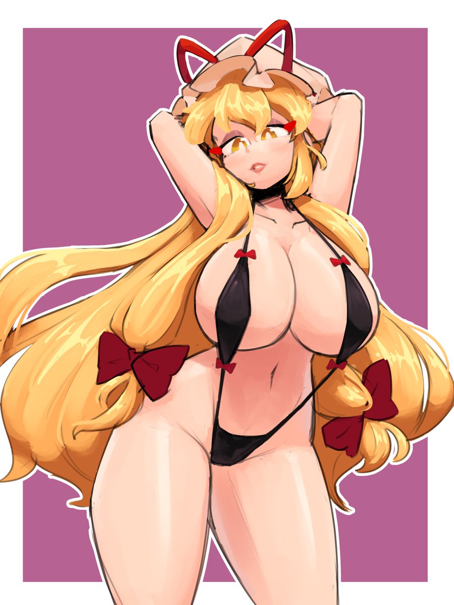 1girl arms_behind_head aronnecroman bikini black_bikini blonde_hair bow breasts collarbone dress hair_bow hat hat_ribbon highres lips long_hair looking_at_viewer micro_bikini midriff mob_cap multi-tied_hair navel open_mouth red_bow ribbon slingshot_swimsuit smile solo swimsuit touhou very_long_hair yakumo_yukari yellow_eyes