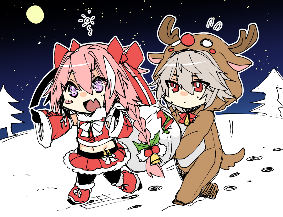 +_+ 2boys animal_ears antlers astolfo_(fate) bag black_bow black_thighhighs blush blush_stickers bow braid carrying_over_shoulder cropped_vest deer_costume deer_ears deer_tail detached_sleeves fang fate/apocrypha fate_(series) fir_tree flying_sweatdrops fur-trimmed_leg_warmers fur-trimmed_skirt fur-trimmed_sleeves fur_trim gift_bag grey_hair hair_between_eyes hair_bow hair_intakes haoro holding holding_bag horns leg_warmers long_braid long_hair multicolored_hair multiple_boys navel onesie open_mouth pink_hair pointing purple_eyes red_bow red_eyes red_leg_warmers red_nose red_skirt red_vest reindeer_antlers short_eyebrows short_hair sieg_(fate) single_blush_sticker single_braid skin_fang skirt sky snow snow_print squeans star-shaped_pupils star_(sky) star_(symbol) starry_sky streaked_hair sweatdrop symbol-shaped_pupils tail thighhighs torn_bag trap tree two-tone_hair vest white_bow white_hair wide_sleeves