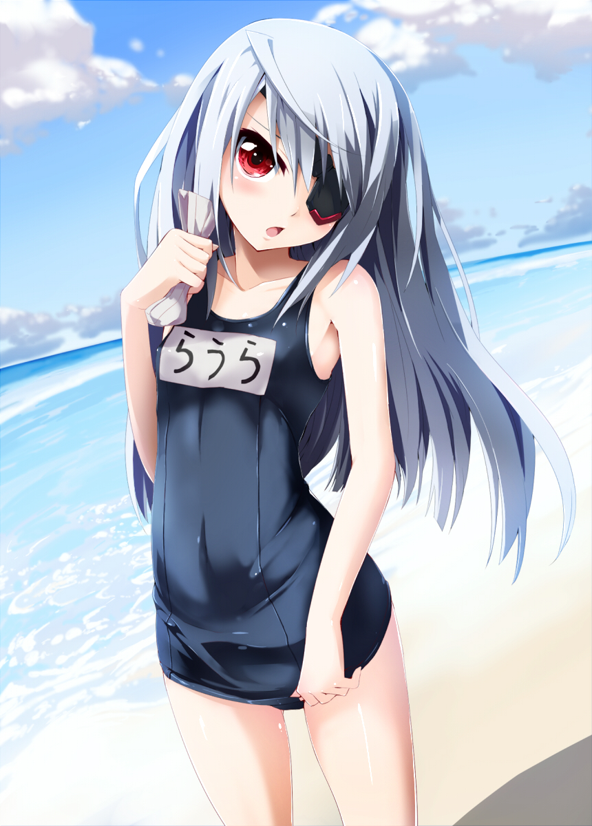 10s 1girl eyepatch female_focus flat_chest grune highres infinite_stratos laura_bodewig long_hair name_tag one-piece_swimsuit red_eyes school_swimsuit silver_hair solo swimsuit