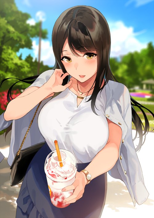 1girl bag black_hair blue_skirt blue_sky breasts brown_eyes brown_hair casual commentary_request day drink drinking_straw handbag holding holding_drink jacket jacket_on_shoulders jewelry large_breasts long_hair long_skirt looking_at_viewer mole mole_under_eye necklace open_mouth original outdoors sasamori_tomoe shirt skirt sky swept_bangs tree watch white_shirt