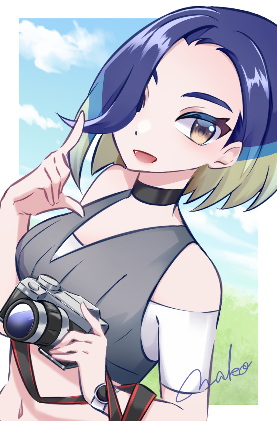 1girl artist_name bare_shoulders black_choker blue_hair bob_cut breasts brown_eyes choker collarbone creatures_(company) crop_top game_freak gradient_hair grey_shirt highres loose_hair_strand medium_breasts midriff multicolored_hair nakonattu navel nintendo perrin_(pokemon) pokemon pokemon_sv ribbed_shirt shirt short_hair signature sleeveless sleeveless_shirt solo undershirt upper_body v-neck watch wristwatch