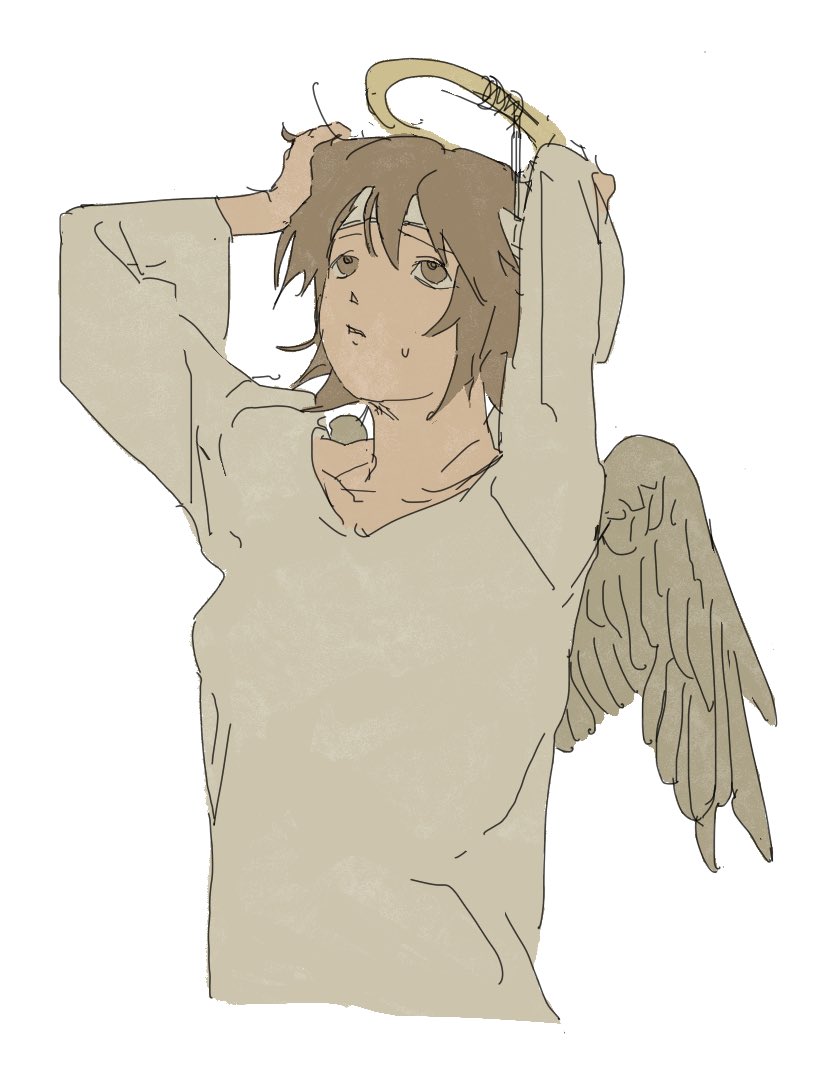 1girl angel_wings arms_up brown_eyes brown_hair brown_shirt commentary_request cropped_torso fake_halo furrowed_brow haibane_renmei halo hands_on_own_head headband long_sleeves looking_up nervous parted_lips raised_eyebrows rakka_(haibane) shirt simple_background solo sweatdrop tareme traditional_halo umiyama_ako white_background white_headband wings